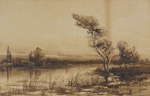 John Terris (1865-1914), Riverscape, sepia ink and wash, signed, 16 x 24cm